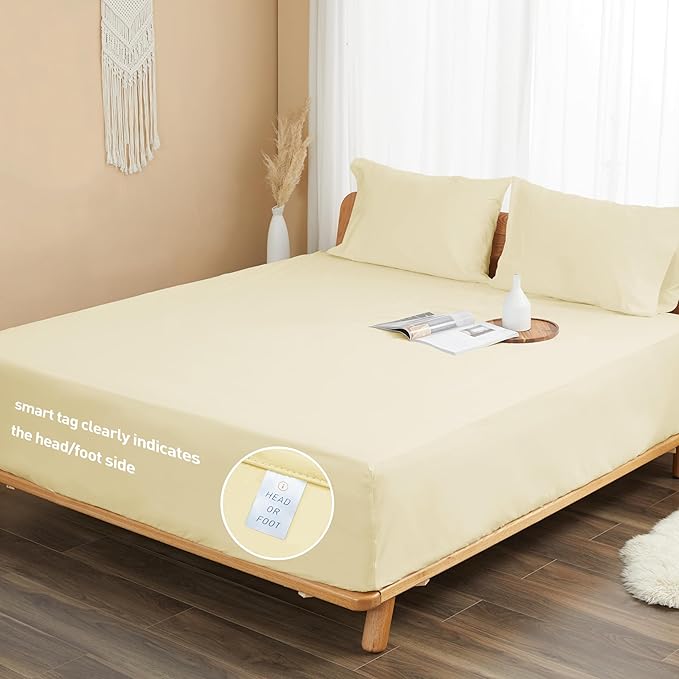 Sunflower King Fitted Sheet, 1-Piece Extra Deep Pocket Fitted Bottom Sheet 19", 100% Cotton Sateen Soft Breathable, Butter Cream