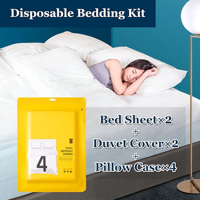 Extguds Disposable Travel Set : Bed Sheet×2+Duvet Cover×2+Pillow case×4+Bath Towels×4+Shower Caps×4+Plastic Bathtub Bag×4+Toilet Seat Covers×4+Compression face Towel×16+Toothbrushes×4+Slippers×4