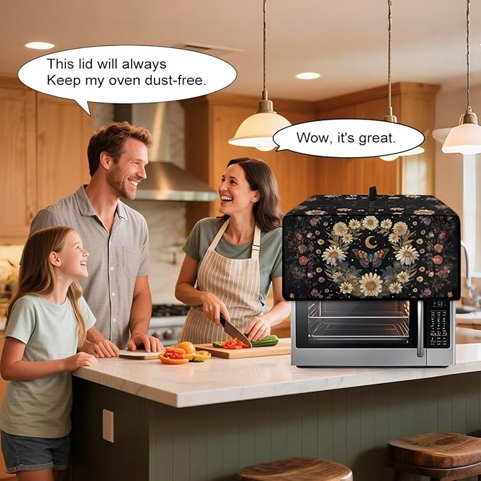 Vintage Daisy Butterfly Moon Print Toaster Oven Cover with Storage Bags Dust Cover for Microwave Oven Polyester-Linen Small Appliance Dust Covers Fits Most Microwaves, S
