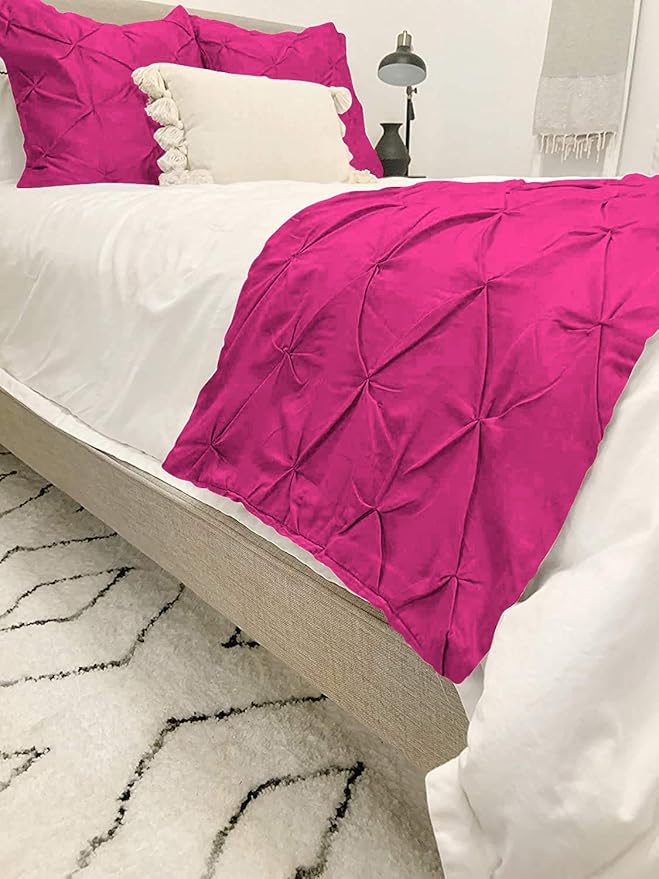 Bed Runner Set - 100% Pure Cotton 800 Thread Count - Luxury 1 Pinch Pleated Bed Runner and 2 Pillow Cover - 3 Piece Pinch Pleated Bed Runner Set California King, Hot Pink