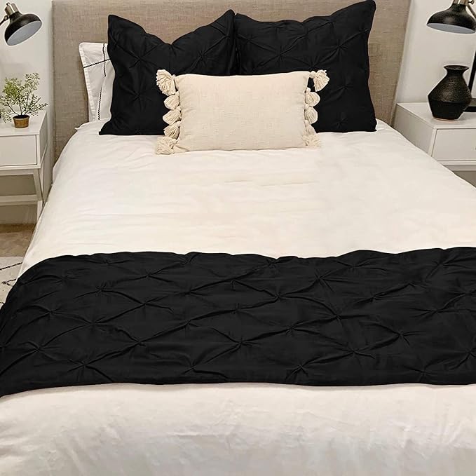 Bed Runner Set - 100% Pure Cotton 800 Thread Count - Luxury 1 Pinch Pleated Bed Runner and 2 Pillow Cover - 3 Piece Pinch Pleated Bed Runner Set Queen, Black