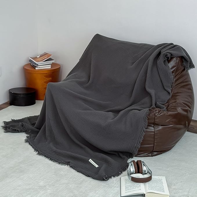 MorroMorn 100% Cotton Muslin Blanket with Fringes Twin Size 60"x80", 4-Layer Gauze Blankets for Adults, Boho Bedding Breathable Lightweight Ultra-Soft for Couch Bed All Seasons, Dark Grey