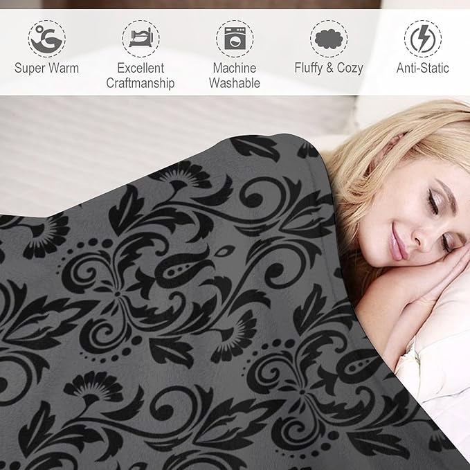 Black Damask Blanket, Antique Victorian Style Gothic Vintage Black Floral Bohemian Exotic Print Blanket for Sofa Bed Decor Fuzzy Blanket Twin, 30"x40"