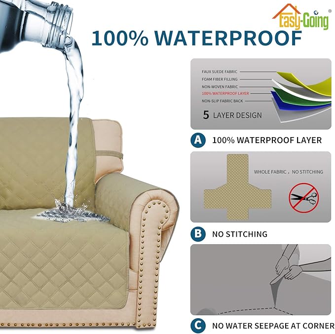 Easy-Going Sofa Slipcover Waterproof Couch Cover for 3 Cushion Couch Sofa Cover Furniture Protector Cover Pets Covers Washable Non-Slip Fabric Pets Kids Children Dog Cat (Sofa, Sand)