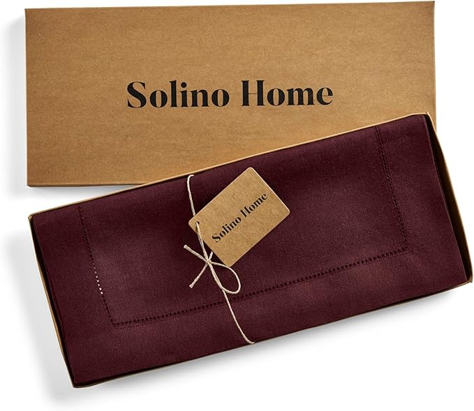 Solino Home Linen Burgundy Table Runner 120 Inches Long - 100% Pure Linen 14 x 120 Inch Table Runner for Christmas, Holiday, Winter, New Year - Classic Hemstitch
