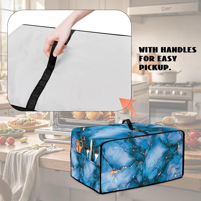 Toaster Oven Dust Cover with Storage Pockets, Dust Protection Smart Oven Cover for Kitchen Countertop Home Decor, M, 16.5 x 20.5 x 10 Inches, Blue Gold Marble