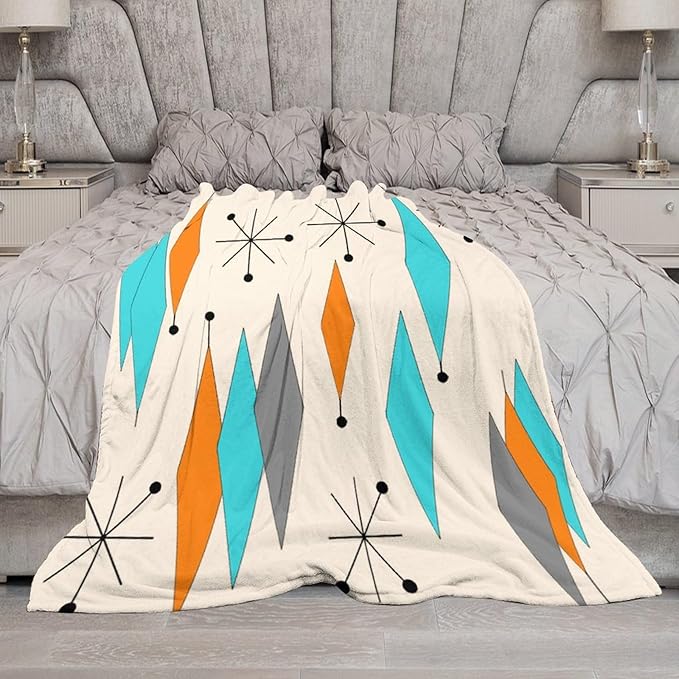 Mid Century Flannel Throw Blankets, Mid Century Modern Geometric Atomic Shapes Orange Retro Style Boho Print Blanket for Bed Couch Sofa Fuzzy Tv Throws 30"x40"