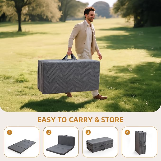 Foldable Memory Foam Mattress - 3 Inch Twin XL Waterproof Collapsible Mattress with Washable Cover, Portable Guest Bed Pad, Sleeping Mat for Travel RV Camping Yoga, Non-Slip Bottom,80"x38"x3"