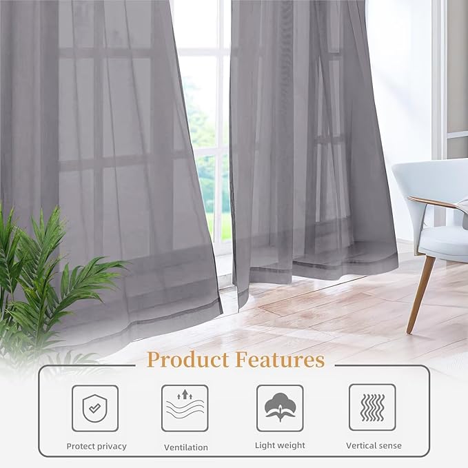Sheer Curtains 84 Inches Long 2 Panels, Rod Pocket Short Curtain for Kitchen, Bedroom, Cafe Window(Grey 38" W x 84" L)