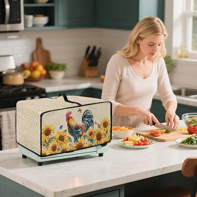 Microwave Oven Dust Cover Waterproof Dustproof Microwave Toaster Oven Cover Fabric Kitchen Machine Covers for Toaster Oven Air Fryer, Rooster Chicken Sunflower Butterfly Polka Dot Print, L