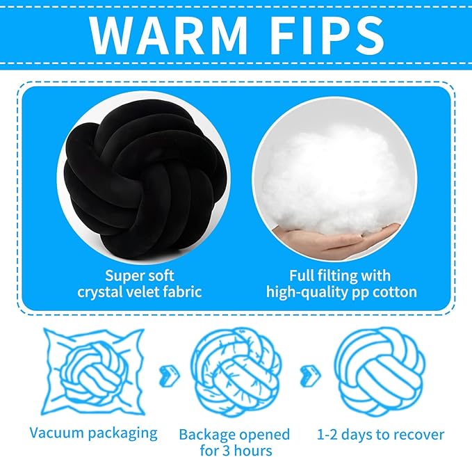 Knot Ball Pillows, Round Throw Pillow Cushion Home Decoration Soft Plush Pillow, Throw Knotted Ball Pillow Handmade Children Room Decoration Round Plush Toy Pillow (Black,11"/28cm)