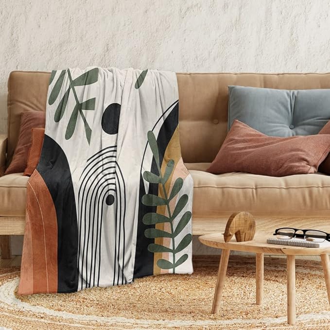Abstract Modern Throw Blanket Boho Minimalist Mid Century Sun Aesthetic Soft Warm Bed Bedding Women Blankets for Couch Bedroom Sofa Office Cozy Flannel Blanket Orange Beige Black 30"X40"