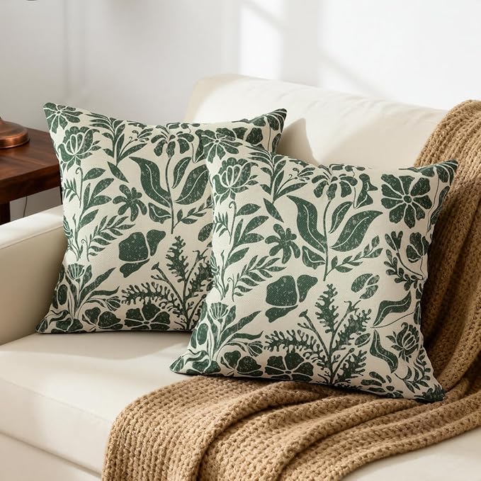 Matisse Flowers Plants Botanical Pillow Cover 18x18 Set of 2, Boho Floral Decorative Linen Pillow Cushion Case,Farmhouse Home Decor for Outdoor Couch Bedroom Car Green