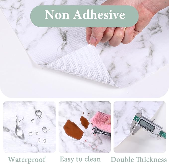 Drawer and Shelf Liner for Kitchen Cabinet: 17 in X 30 Ft Non Slip Waterproof Shelf Paper Non Adhesive Refrigerator Liners White Marble Easy Liners for Bathroom with Knife Tape Measure