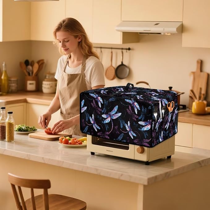 Dragonfly Print Microwave Oven Cover Dust-Proof Microwave Toaster Oven Cover Foldable Kitchen Appliance Protector Suitable for Most Microwave Ovens, L