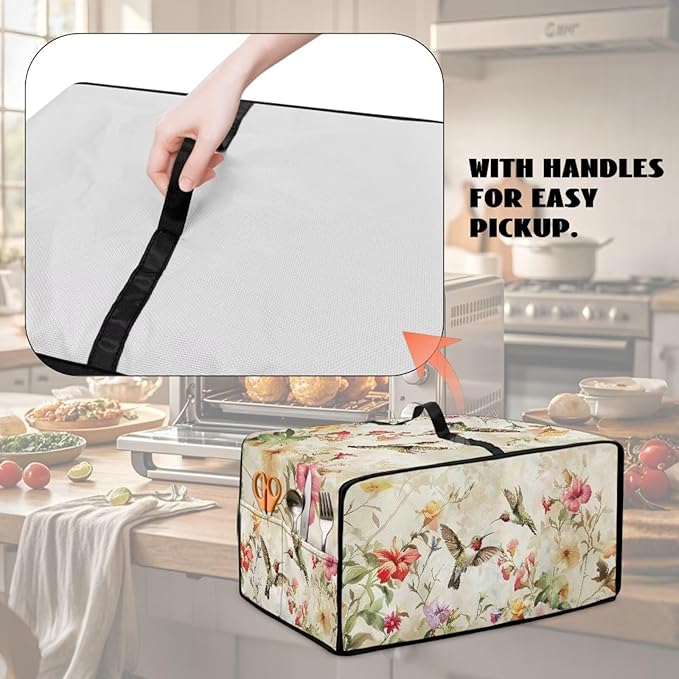 Convection Toaster Oven Cover Decorative Dustproof Convection Microwave Oven Cover with Storage Pockets for Kitchen Countertop, M, 16.5 x 20.5 x 10 Inches, Retro Hummingbird Floral