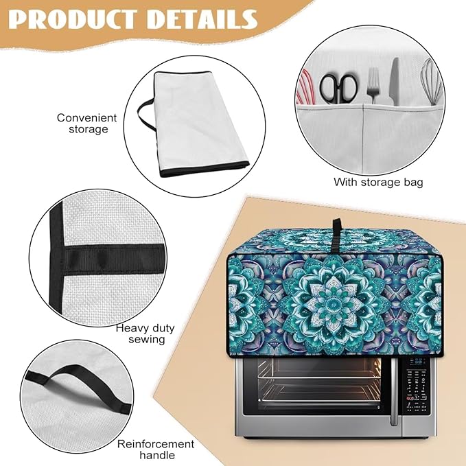 Boho Mandala Lotus Flower Print Microwave Oven Dust Cover with Storage Bags Toaster Oven Cover Polyester-Linen Fabric Small Appliance Dust Covers Fingerprint Protection, S