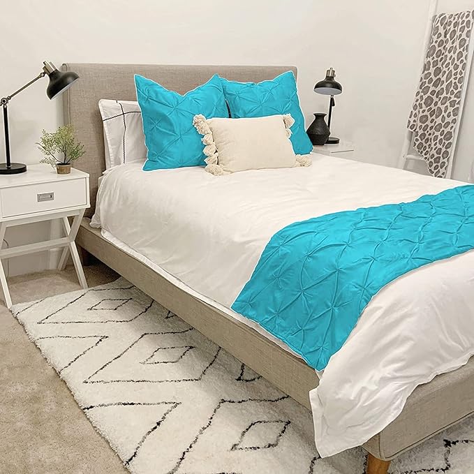 Bed Runner Set - 100% Pure Cotton 800 Thread Count - Luxury 1 Pinch Pleated Bed Runner and 2 Pillow Cover - 3 Piece Pinch Pleated Bed Runner Set Twin, Turquoise