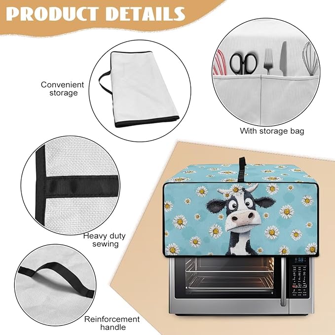 Air Fryer Toaster Oven Dust Cover with Side Pockets, Protective Smart Oven Cover for Kitchen Countertop Decorations, L, 18.5 x 22.5 x 13 Inches, Cow Daisy Light Blue