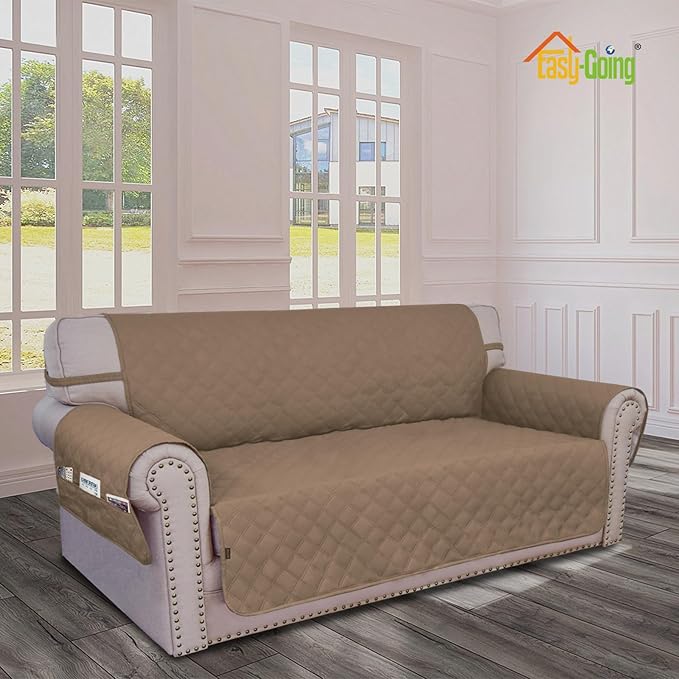 Easy-Going Waterproof Oversized Loveseat Covers Leakproof Couch Cover for 2 Cushion Couch Sofa Cover Washable Sofa Slipcover Non-Slip Furniture Protector with Pocket for Pets (Medium-XL, Camel)