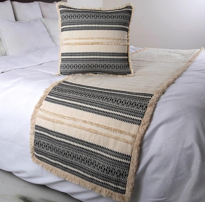 The HomeCentric Beige Bed Runner, Twin Size 53"x18" Decorative Bed Runner with Matching Pillow Cover, Beige & Black Linen Bed Scarf in Quilted, Natural Linen with Lace - Moroccan Vibe