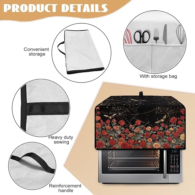 Red Rose Bat Cobweb Print Microwave Oven Dust Cover Polyester-Linen Fabric Dust Cover for Microwave Oven Universal Dust-Proof Kitchen Appliance Protector Fits Most Microwaves, S
