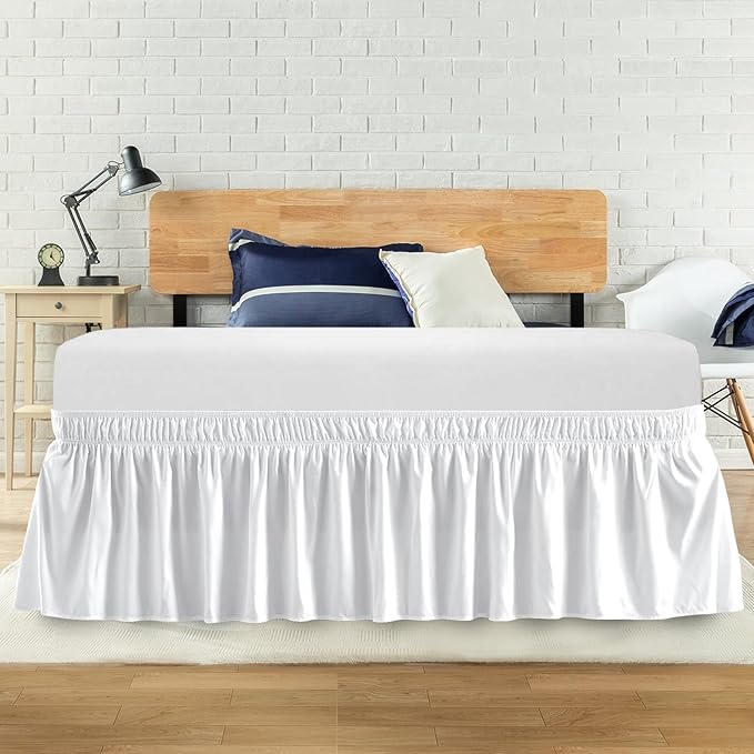 Queen Bed Skirt, Elastic Wrap Around Bed Skirt Queen Size, Bed Skirts for Adjustable Bed, Easy Fit with 14" Drop Length Tailored Drop Dust Ruffle (White)