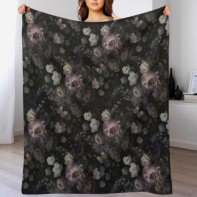 Vintage Gothic Floral Blanket, Black Pink Flower Rose Black Garden Roses Blooming Boho Throw Blankets for Home Bedding Couch Decor, 60"x80"