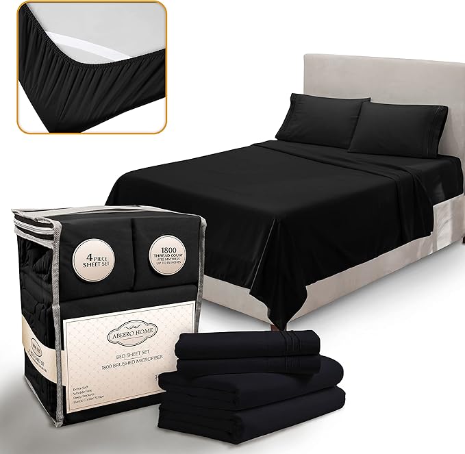Full Size Bed Sheets Cooling - Luxury Hotel Sheet Set - Soft Sheets with Elastic Corner Straps - Deep Pocket Microfiber Bedsheets - Bedding Sheet & Pillowcases - 4 PC (Full Size, Black)