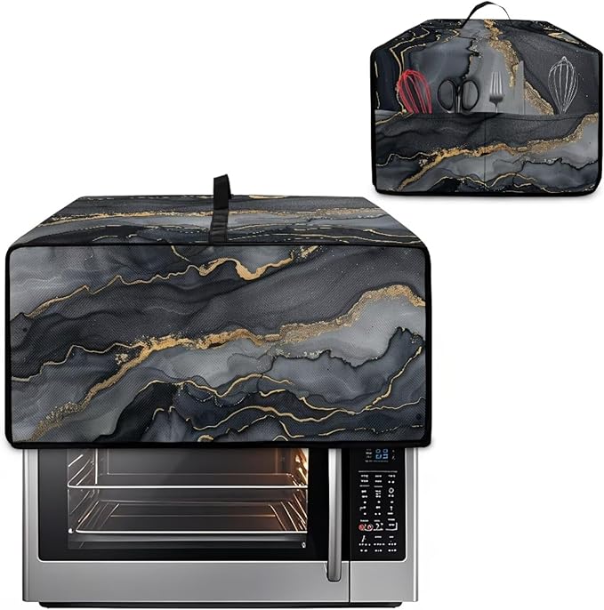 Convection Toaster Oven Cover Protective Small Kitchen Appliance Dust Cover with Accessory Pockets for Kitchen Home Indoor Decorations, M, Marble Black Gold