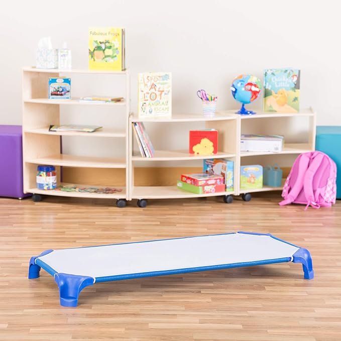 Sprogs Heavy-Duty Stackable 40"L Daycare Cots for Toddlers Ages 1 to 2, Stacking Preschool Classroom Toddler Cots for Sleeping, Resting, Naptime, Pack of 24, Blue