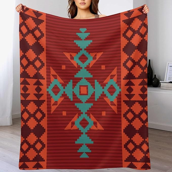 Aztec Throw Blanket, Red Native Southwestern Boho Blanket for Couch Bed Chair Outdoor Travel 50"x60"