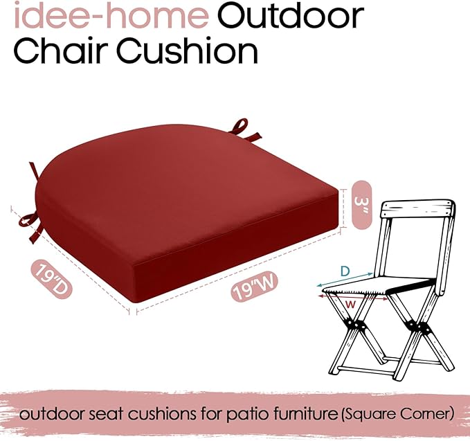 idee-home Outdoor Chair Cushions Set of 4, Thick 19" x 19" x 3" Patio Chair Cushions for Outdoor Furniture Waterproof with Ties, Outdoor Seat Cushion, Chair Pads Dining Chair Spice