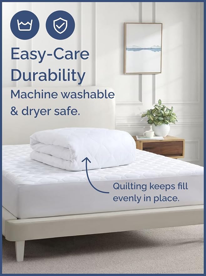 Quilted Fitted Mattress Pad Queen Size - Elastic Fitted Mattress Topper Protector & Cover - Breathable, Soft, Low Profile Top Cover with 8-16 Inch Deep Pockets - Easy-Fit & Machine Washable - White