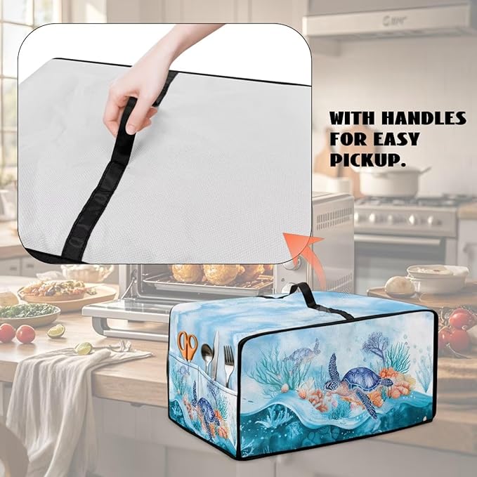 Microwave Oven Dust Cover Air Fryer Toaster Oven Protector with Storage Pockets, Stain-resistant for Small Appliances, L, 18.5 x 22.5 x 13 Inches, Sea Turtle Coral Reef Blue