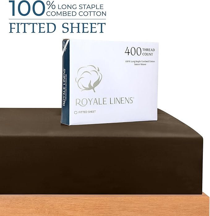 Royale Linens 400 Thread Count 100% American Grown Cotton Fitted Sheet Queen Size - All Around Elastic Fitted Sheet - Luxury Sateen Weave - Snug Fit Bottom Sheets Fit Up to 16" (Queen,Hazel Nut)