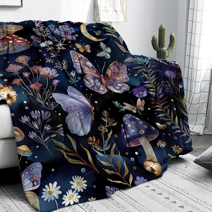 Celestial Witch Garden Throw Blankets Butterfly Moon Flower Fleece Throw Blanket,Dark Botanical Floral Plant Boho Cozy Decor Nap Blankets for Sofa Bed Couch Chair or Dorm Throws 50"x60"