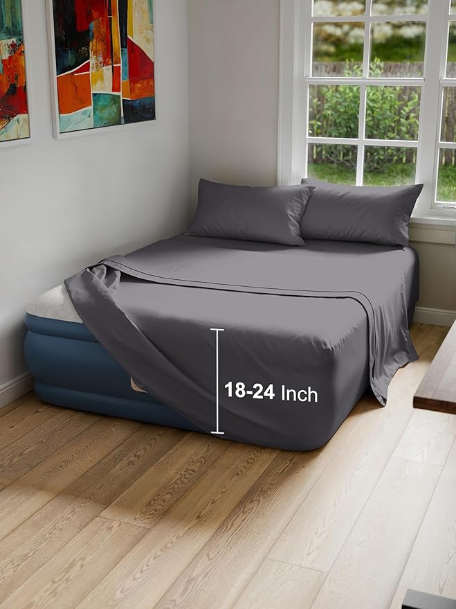 Air Mattress Sheet Set for Queen Size - 4 Piece Breathable & Cooling Sheets w/Extra Deep Pockets - Fits Inflatable & Blow Up Air Mattresses Up to 24 Inches Thick - Soft and Wrinkle Free - Dark Grey