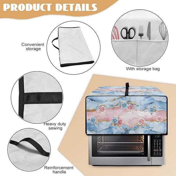 Rose Marble Texture Print Microwave Oven Grill Cover Protector Polyester-Linen Fabric Microwave Oven Dust Cover with Storage Bags Case Protections for Toaster Oven, L