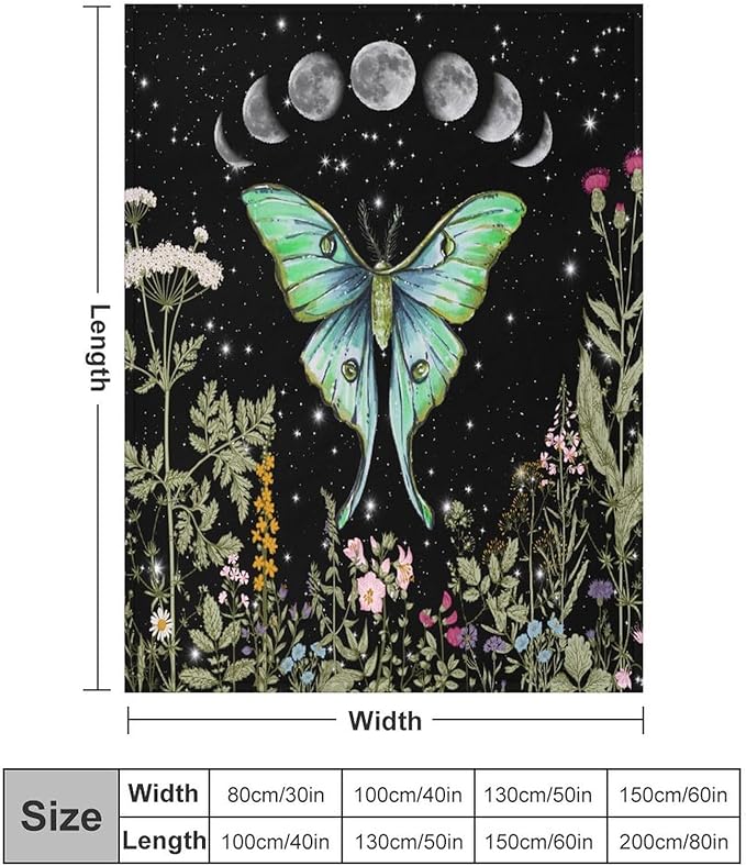 Moth Floral Flannel Blanket, Gothic Witchy Moon Phase Botanical Vintage Wildflower Plantsprint Soft Warm Fuzzy Throw Blanket for Couch Sofa Office Bed, 60"x80"
