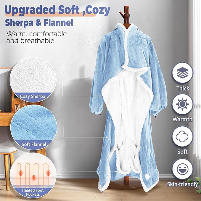Wearable Heated Blanket with Foot Pocket, Electric Wearable Throw Blanket with Sleeves, Hood, Portable Heated Blanket with 8 Heat Settings, 1-10 Hours Auto Shut-off, Gift for Family, Friends, 50*70"