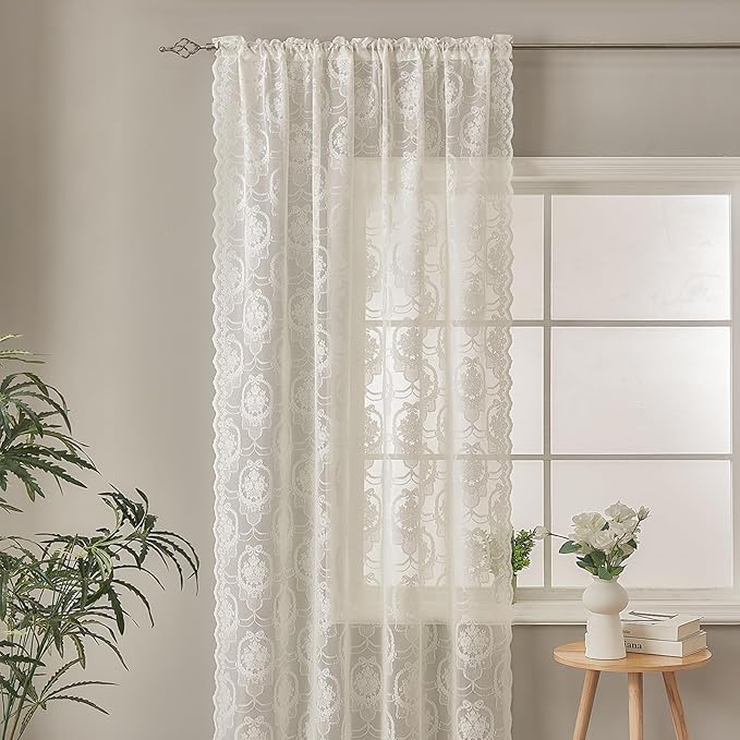 Ivory Vintage Country Floral Lace Sheer Curtains 84 Inches Long -Rod Pocket Light Filtering French Privacy Scalloped Edges Rod Pocket Boho Bedroom ，52 x 84 Inch, 2 Panels