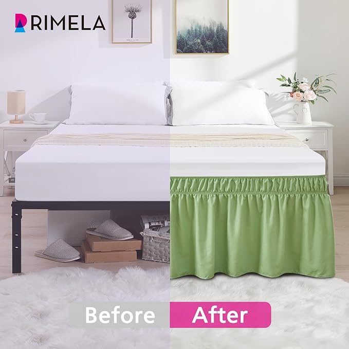 RIMELA Light Green Bed Skirt King Size 15 Inch Drop, Elastic Bed Skirting, Bedding Dust Ruffle Easy to Install, Lightweight Wrap Around Adjustable Bedskirt, Bedroom Decor