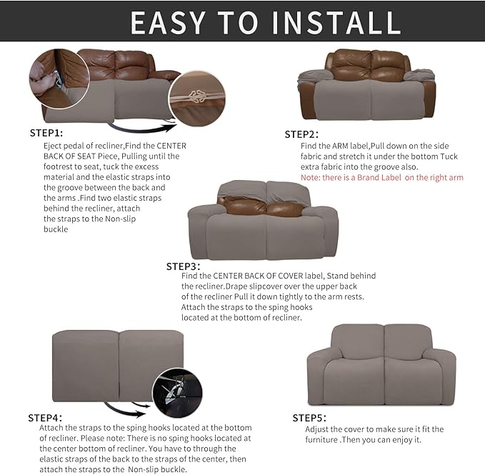 Easy-Going 6 Pieces Recliner Loveseat Stretch Sofa Slipcover Sofa Cover Furniture Protector Couch Soft with Elastic Bottom Kids, Spandex Jacquard Fabric Small Checks Taupe