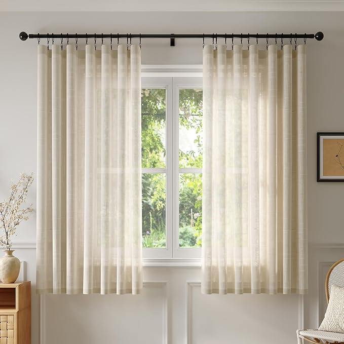 Anmao Natural Linen Curtains for Living Room 54 Inch Length 2 Panels Set, Light Filtering Semi Sheer Window Curtain Drapes for Bedroom with Curtain Rings and Clips, 52 Inch Wide Each Panel, Ecru