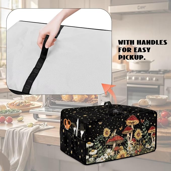 Microwave Oven Dust Cover Waterproof Toaster Oven Cover Foldable Polyester-Linen Small Appliance Dust Covers Suitable with Storage Bags, Mushroom Sunflower Daisy Star Butterfly Print, L