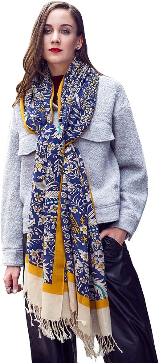 DANA XU 100% Merino Wool Pashmina Shawl for Women 96"x43", Oversized Cashmere Wrap with Tassels, Floral Travel Blanket Cape