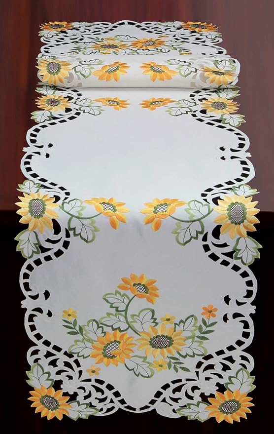 Creative Linens Sunflower Table Runner 15x69 Embroidered Cutwork Dresser Scarf White