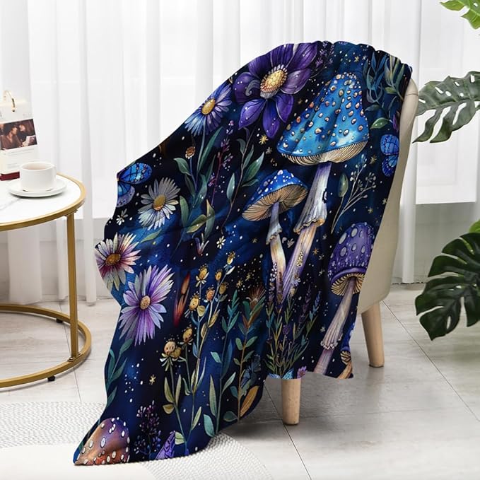 Cute Whimsical Mushroom Throw Blanket Aesthetic Dark Botanical Florals Throw,Witchy Gifts for Women,Gothic Gifts,Soft Cozy Warm Moth Witchy Plush Blanket Throw for Women Girls Mom 50"x60"