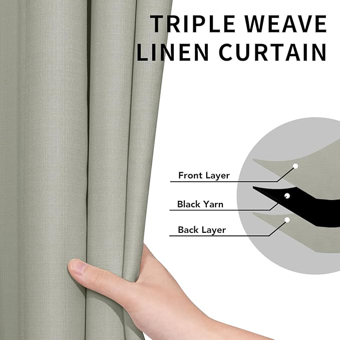 Easy-Going Linen Look 100% Blackout Curtain 52x63 Inch Window Curtain Drapes for Bedroom, Living Room Thermal Insulated Room Darkening (Set of 2 Panels, Stone)